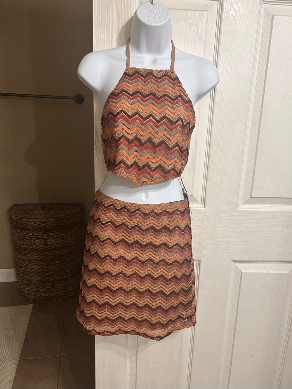 Fashion Nova Chevron Knit Halter Skirt Set in Rust Multi